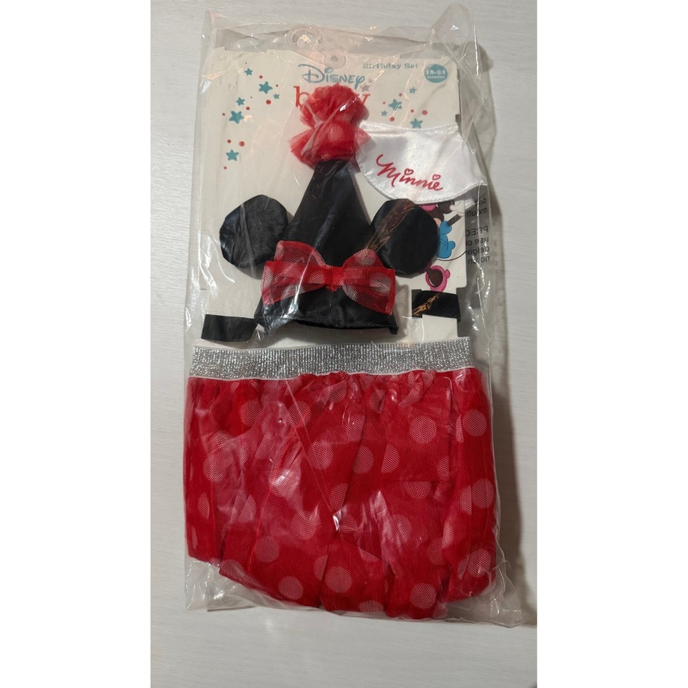 Disney Baby Minnie Mouse Birthday Set Tutu Bib Party Hat Red Polka Dot 18-24M